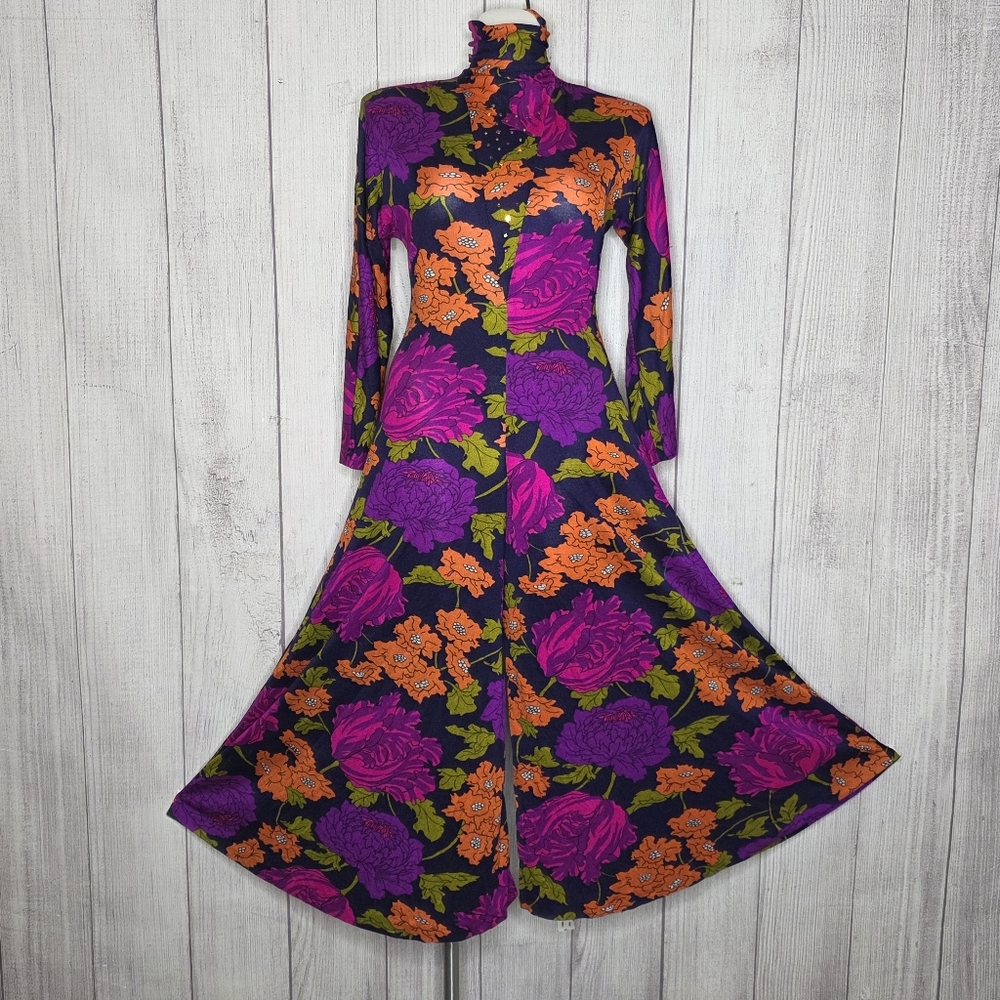 VTG 70s Pat Richards Floral Rhinestone Jumpsuit Disco Wide Leg Bell Bottoms, L